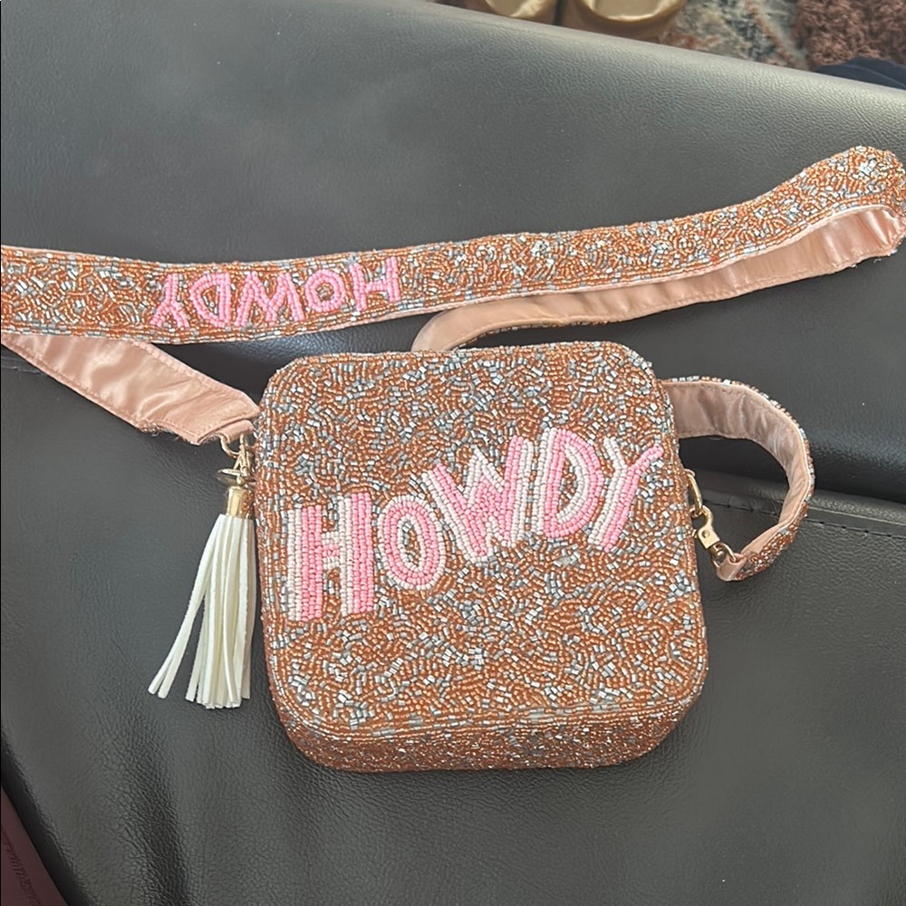 Beaded 'Howdy' Crossbody Bag - Tan and Pink